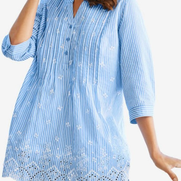 Woman Within Blue/WhiteTunic Blouse Eyelet Embroidered V-neck Pleated NWOT - Picture 2 of 9